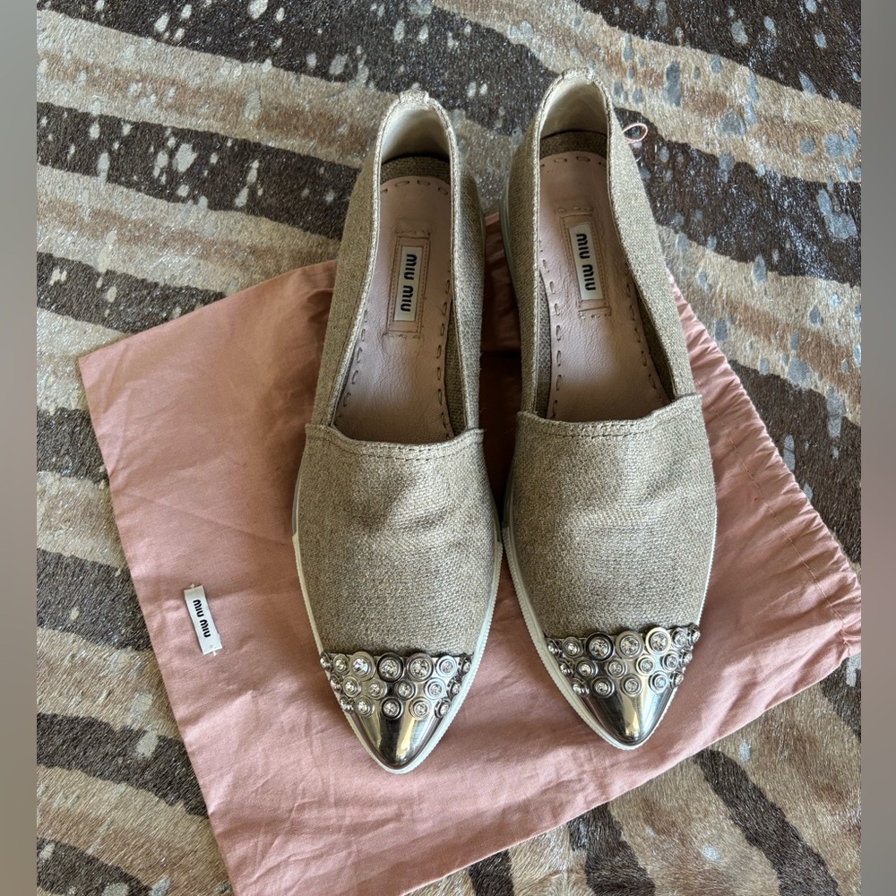 💯Authentic Miu Miu Women's Beige and Silver Embellished Flats canvas espadrills